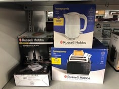 QUANTITY OF KITCHEN & APPLIANCES ITEMS TO INCLUDE RUSSELL HOBBS HONEYCOMB ELECTRIC 1.7L CORDLESS KETTLE (FAST BOIL 3KW, WHITE PREMIUM PLASTIC, MATT & HIGH GLOSS FINISH, REMOVABLE WASHABLE ANTI-SCALE