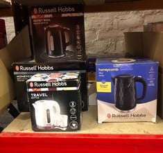 QUANTITY OF KITCHEN & APPLIANCES ITEMS TO INCLUDE RUSSELL HOBBS ELECTRIC 0.85L TRAVEL KETTLE, SMALL & COMPACT, DUAL VOLTAGE, IDEAL FOR ABROAD/CARAVAN/CAMPING, INC 2 CUPS & SPOONS, REMOVABLE WASHABLE