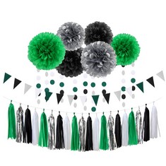 8 X PARTY DECORATION 23PCS KITS-PAPER FLOWERS,BANNER FLAGS,TASSEL GARLAND,BABY BRIDAL SHOWER BIRTHDAY DECORATIONS WEDDING BACHELORETTE ENGAGEMENT BUNTING (SAGE-GREEN BEIGE-GOLD) - TOTAL RRP £113: LOC