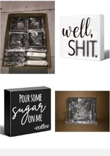 QUANTITY OF ASSORTED ITEMS TO INCLUDE ROWENA POUR SOME SUGAR ON ME BLACK RUSTIC WORKSPACE HOME OFFICE WOODEN BOX SIGN DECOR, DESK PLAQUE - OFFICE KITCHEN COFFEE TABLE AND SHELF WALL DECORATION: LOCAT