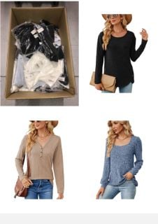 QUANTITY OF ASSORTED ITEMS TO INCLUDE BLEED WOMEN'S LONG SLEEVE TUNIC T SHIRTS SIMPLE SOLID COLOR COMFY V NECK BUTTON LOOSE TUNIC TEE SHIRTS PUFF SLEEVE TOP PULLOVER TOPS: LOCATION - A RACK