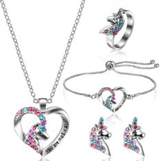 26 X GIRLS JEWELRY SET UNICORN NECKLACE BRACELET SET WITH EARRINGS AND RING GIRLS JEWELRY SET FOR LITTLE GIRL WITH PRESENT BOX CHRISTMAS BIRTHDAY GIFT FOR DAUGHTER GRANDDAUGHTER NIECE (HEART STYLE) -