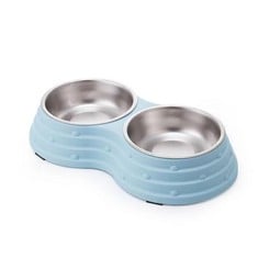 6 X MITHUI JU DOUBLE DOG BOWLS,PREMIUM REMOVABLE DOUBLE DOG BOWLS STAINLESS STEEL DOUBLE BOWLS WITH NON-SLIP BOTTOM NON-SPILL DOG FOOD BOWLS (BLUE-MEDIUM): LOCATION - C RACK