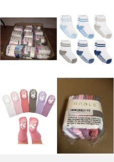 QUANTITY OF ASSORTED ITEMS TO INCLUDE ANOLE NEWBORN & INFANT BABY SOCKS - 6 PAIRS - KNEE HIGH BOYS GIRLS COTTON (GIRLS, 6-12 MONTHS): LOCATION - A RACK