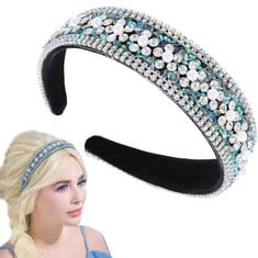 23 X FLAYEM RHINESTONE PEARLS HEADBAND SPARKLY BLUE CRYSTAL HEADBAND GORGEOUS PADDED WIDE HAIR BAND JEWELRY ACCESSORIES PROM BANQUET HEADWEAR FOR WOMEN AND GIRLS (RHINESTONE FLOWER) - TOTAL RRP £191: