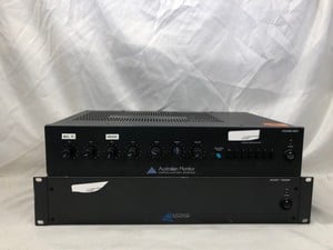 AUSTRALIAN MONITOR AMC 120P 120W POWER AMPLIFIER + AUSTRALIAN MONITOR AMIS60 60W MIXER AMPLIFIER AUDIO EQUIPMENT.: LOCATION - A RACK