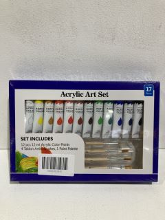 QTY OF ACRYLIC ART SET INCLUDES 12 PCS 12ML ACRYLIC PAINTS 4 TAKLON ARTIST BRUSHES 1 PAINT PALETTE