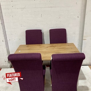 HALLOWOOD CULLOMPTON RECTANGULAR DINING TABLE WITH LIGHT OAK EFFECT TOP AND BLACK LEGS AND 4 PURPLE DINING CHAIRS