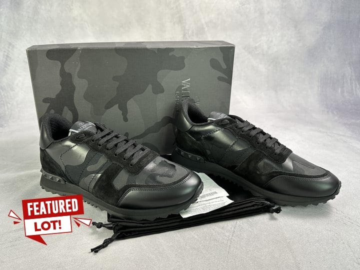 Valentino Garavani Black Camo Rockrunner Sneakers With Box , Dust Bags And Sales Receipt - Size 40 (VAT ONLY PAYABLE ON BUYERS PREMIUM)