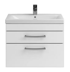 FURNITURE MINIMALIST SLIMLINE CERAMIC BASIN 1 TAP HOLE 600MM TO INCLUDE NUIE ATHENA WALL HUNG 2 DRAWER VANITY UNIT 600MM - GLOSS WHITE - TOTAL LOT RRP £579