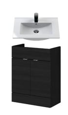 MINIMALIST SLIMLINE CERAMIC BASIN 1 TAP HOLE 500MM TO INCLUDE HUDSON REED FUSION FITTED FLOOR STANDING 2 DOOR VANITY UNIT COMPACT 500MM - HACIENDA BLACK