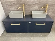 2 DRAWER WALL HUNG 'HIS AND HER' BATHROOM UNIT IN MIDNIGHT BLUE TO INCLUDE 2 X MATT GREY BASIN TO INCLUDE 2 X GOLD TAP (KERBSIDE PALLET DELIVERY)