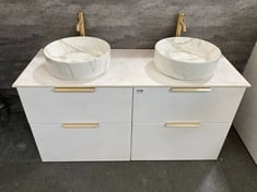 4 DRAWER WALL HUNG 'HIS AND HER' BATHROOM UNIT IN WHITE WITH GOLD HANDLES TO INCLUDE 2 X ROUND BASIN IN WHITE / GREY MARBLE TO INCLUDE 2 X GOLD TAP (KERBSIDE PALLET DELIVERY)