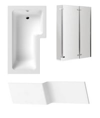 NUIE BATH SCREENS L-SHAPED BATH SCREEN DOUBLE HINGED 6MM - POLISHED CHROME TO INCLUDE NUIE BATH PANELS L-SHAPE SHOWER BATH FRONT PANEL 1700MM - WHITE TO INCLUDE L SHAPE SQUARE SHOWER BATH - TOTAL LOT