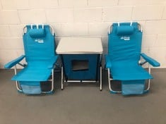 3 X CAMPING ITEMS INCL. AKTIVE FOLDING BEACH CHAIR 49 X 58 X 80 CM, WITH CUSHION, BACKPACK STYLE, RECLINING BACKREST, WITH TWO POCKETS, COLOUR PASTEL BLUE (53983) (BROKEN TABLE).