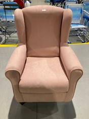 PINK ARMCHAIR (THE FRONT RIGHT LEG IS MISSING AND THE BACK LEG IS BROKEN).