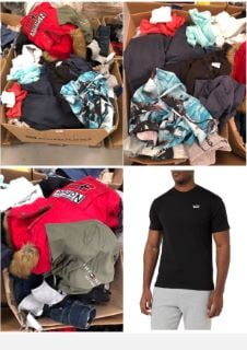 PALLET OF ASSORTED CLOTHING OF DIFFERENT BRANDS AND SIZES INCLUDING RED NORWAY GEOGRAPHICAL COAT (MAY BE TORN OR SOILED).