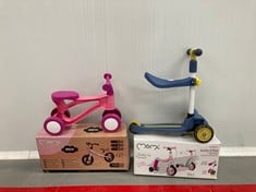 4X CHILDREN'S ITEMS INCLUDING MOMI SCOOTER & RIDER ELIOS 2 IN 1 (MAY BE BROKEN OR INCOMPLETE).