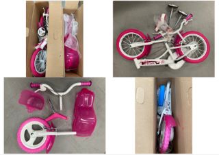 2X CHILDREN'S ITEM INCLUDES PINK AND WHITE DINO BIKES (MAY BE BROKEN OR INCOMPLETE).