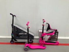 4X CHILDREN'S ITEM INCLUDING PINK AND BLACK HUNTLE SCOOTER WITH SADDLE (INCLUDES ONE INCOMPLETE ITEM).