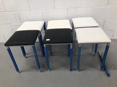 6 X STOOLS IN BLACK AND WHITE (BACK LEFT LEG BROKEN, DIRTY).