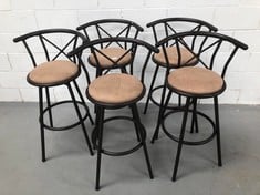 5 X BAR STOOLS WITH SWIVEL HEIGHT, WITH PADDED FOOTREST, BACKREST AND CUSHION.