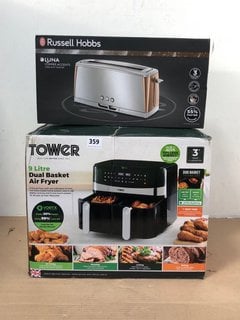 TOWER 9L DUAL BASKET AIR FRYER TO INCLUDE RUSSELL HOBBS LUNA COPPER ACCENTS LONG SLOT TOASTER: LOCATION - B13