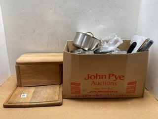 QTY OF ASSORTED JOHN LEWIS & PARTNERS HOUSEHOLD ITEMS TO INCLUDE OAK WOODEN BREAD BIN WITH LID: LOCATION - B5