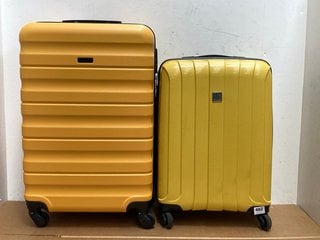 2 X JOHN LEWIS & PARTNERS CABIN SIZE/SMALL HARD SHELL WHEELED COMBINATION LOCK SUITCASES IN YELLOW: LOCATION - B4