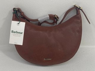 BARBOUR LAIRD LEATHER SLING BAG IN BROWN - RRP £149.99: LOCATION - FRONT BOOTH