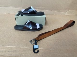 JOHN LEWIS & PARTNERS X STRAP SANDALS IN CHESTNUT - UK 12 TO ALSO INCLUDE JOHN LEWIS & PARTNERS MENS LEATHER BELT IN BROWN - SIZE L: LOCATION - B0