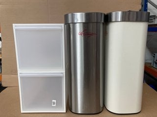 2 X JOHN LEWIS & PARTNERS SENSOR BINS IN POLISHED STAINLESS STEEL/CREAM TO ALSO INCLUDE 2 X PLASTIC STORAGE DRAWERS: LOCATION - B0