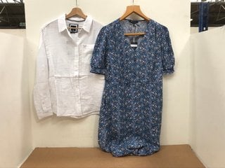 CREW CLOTHING COMPANY HARLIE SHIRT IN WHITE - UK 14 TO ALSO INCLUDE CREW CLOTHING COMPANY FLEUR TEA DRESS IN BLUE - UK 14 - COMBINED RRP £129.99: LOCATION - C5