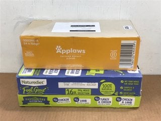 BOX OF APPLAWS CHICKEN BREAST IN BROTH DOG FOOD TINS - BBE 1/3/27 TO ALSO INCLUDE BOX OF NATUREDIET FEEL GOOD TURKEY & CHICKEN DOG FOOD - BBE 8/25: LOCATION - C5