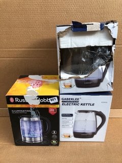 2 X GABERLEE KE8090 1.7L CORDLESS GLASS ELECTRIC KETTLES TO ALSO INCLUDE RUSSELL HOBBS ILLUMINATING GLASS KETTLE: LOCATION - D12