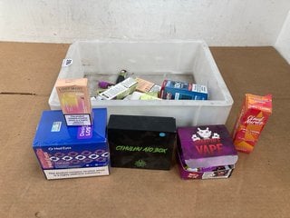 QTY OF ASSORTED VAPE ITEMS TO INCLUDE BOX OF MAD EYES HOAL 20MG 600 PUFF DISPOSABLE VAPES IN STRAWBERRY RASPBERRY CRANBERRY (PLEASE NOTE: 18+YEARS ONLY. ID MAY BE REQUIRED): LOCATION - D0