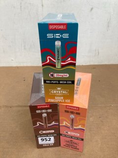 3 X BOXES OF SKE CRYSTAL 20MG 600 PUFF DISPOSABLE VAPES IN SOUR PINEAPPLE ICE, COLA ICE, PINEAPPLE PEACH MANGO (PLEASE NOTE: 18+YEARS ONLY. ID MAY BE REQUIRED): LOCATION - D0