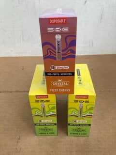 3 X BOXES OF SKE CRYSTAL 20MG 600 PUFF DISPOSABLE VAPES IN LEMON & LIME, FIZZY CHERRY (PLEASE NOTE: 18+YEARS ONLY. ID MAY BE REQUIRED): LOCATION - D0