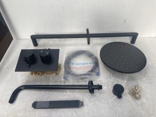 BLACK CONCEALED SHOWER VALVE WITH ROUND FIXED SHOWER HEAD, WALL MOUNTED ARM, SHOWER SLIDE RAIL KIT, PENCIL STYLE HANDSET & HOSE - RRP £675: LOCATION - RACKING 2