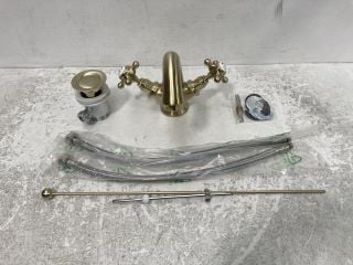 TRADITIONAL CROSSHEAD MONO BASIN MIXER TAP IN BRUSHED BRASS WITH POP UP WASTE - RRP £265: LOCATION - RACKING 1