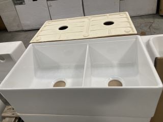 (COLLECTION ONLY) LONDON STYLE CERAMIC TWIN KITCHEN BOWL SINK 840 X 460 X 260MM - RRP £445: LOCATION - C6