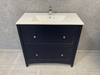 (COLLECTION ONLY) FLOOR STANDING 2 DRAWER SINK UNIT IN INDIGO WITH A 810 X 400MM 1TH CERAMIC BASIN COMPLETE WITH A MONO BASIN MIXER TAP & CHROME SPRUNG WASTE - RRP £820: LOCATION - PHOTO BOOTH