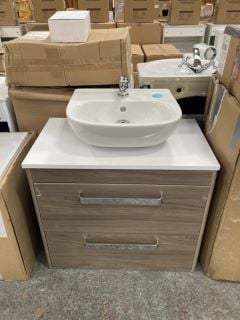 (COLLECTION ONLY) VITRA M-LINE WALL HUNG 2 DRAWER COUNTERTOP SINK UNIT IN GREY ELM 720 X 420MM WITH A 1TH CERAMIC BASIN COMPLETE WITH A MONO BASIN MIXER TAP & CHROME SPRUNG WASTE - RRP £938: LOCATION