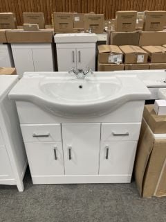 (COLLECTION ONLY) FLOOR STANDING 3 DOOR 2 DRAWER SEMI RECESSED SINK UNIT IN WHITE WITH A 850 X 490MM 1TH CERAMIC BASIN COMPLETE WITH A MODERN CROSSHEAD MONO BASIN MIXER TAP & CHROME SPRUNG WASTE - RR