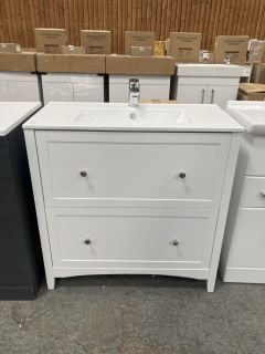 (COLLECTION ONLY) FLOOR STANDING 2 DRAWER SINK UNIT IN WHITE WITH A 810 X 400MM 1TH CERAMIC BASIN COMPLETE WITH A MONO BASIN MIXER TAP & CHROME SPRUNG WASTE - RRP £820: LOCATION - D3