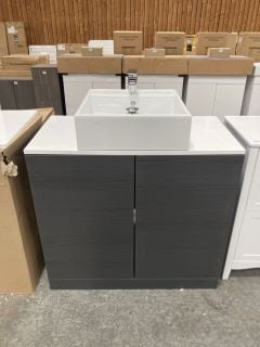 (COLLECTION ONLY) FLOOR STANDING 2 DOOR COUNTERTOP SINK UNIT IN GRAPHITE GREY & WHITE 900 X 460MM WITH A 1TH RAK CERAMIC BASIN COMPLETE WITH WATERFALL SPOUT MONO BASIN MIXER TAP & CHROME SPRUNG WASTE