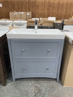 (COLLECTION ONLY) FLOOR STANDING 2 DRAWER SINK UNIT IN LIGHT GREY WITH A 810 X 400MM 1TH CERAMIC BASIN COMPLETE WITH MONO BASIN MIXER TAP & POP UP WASTE *DAMAGE TO RIGHT HAND SIDE FRONT LEGS*: LOCATI