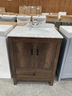 (COLLECTION ONLY) FLOOR STANDING 2 DOOR 1 DRAWER SINK UNIT IN DARK OAK WITH A 650 X 500MM PRE DRILLED GREY MARBLE COUNTERTOP WITH BACKSPLASH *DAMAGE TO LEFT HAND SIDE OF BACKSPLASH* WITH CERAMIC UNDE