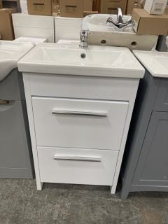 (COLLECTION ONLY) FLOOR STANDING 2 DRAWER SINK UNIT IN WHITE WITH A 510 X 400MM 1TH CERAMIC BASIN COMPLETE WITH A MONO BASIN MIXER TAP & CHROME SPRUNG WASTE - RRP £720: LOCATION - D3