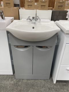 (COLLECTION ONLY) FLOOR STANDING 2 DOOR SEMI RECESSED SINK UNIT IN LIGHT GREY WITH A 560 X 420MM 1TH CERAMIC BASIN COMPLETE WITH A TRADITIONAL CROSSHEAD MONO BASIN MIXER TAP & CHROME SPRUNG WASTE - R